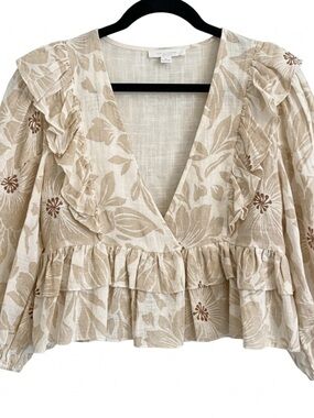 Women’s Olivaceous Ruffled V-Neck Floral Ruffle Cotton Cropped Blouse — Beige M